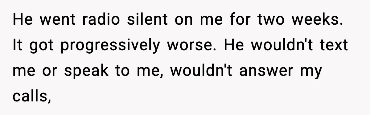 He went radio silent on me for two weeks. It got progressively worse. He wouldn't text me or speak to me, wouldn't answer my calls,