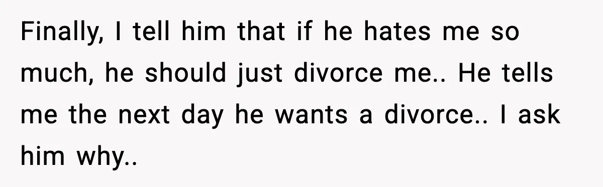 Finally, I tell him that if he hates me so much, he should just divorce me.. He tells me the next day he wants a divorce.. I ask him why..