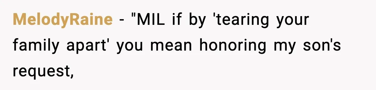 MelodyRaine - "MIL if by 'tearing your family apart' you mean honoring my son's request,