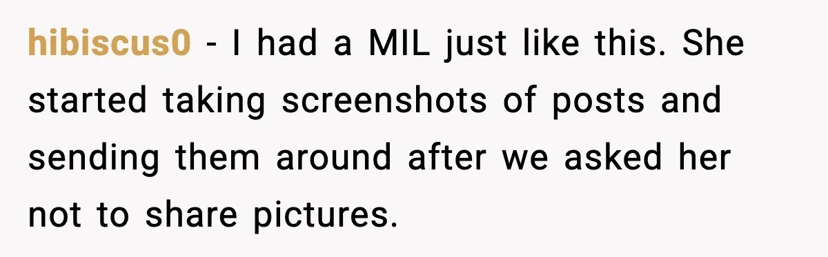 hibiscus0 - I had a MIL just like this. She started taking screenshots of posts and sending them around after we asked her not to share pictures.