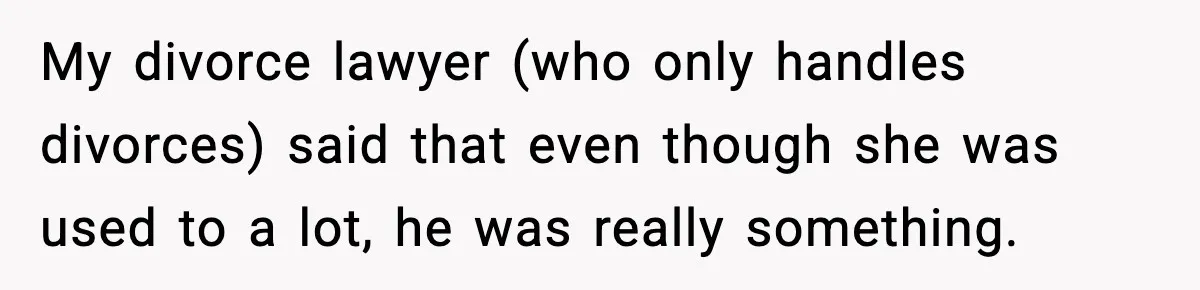 My divorce lawyer (who only handles divorces) said that even though she was used to a lot, he was really something.
