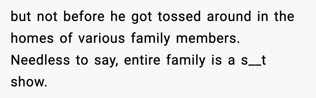 but not before he got tossed around in the homes of various family members. Needless to say, entire family is a s__t show.