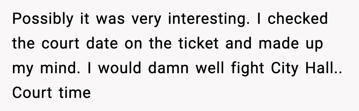 Possibly it was very interesting. I checked the court date on the ticket and made up my mind. I would damn well fight City Hall.. Court time