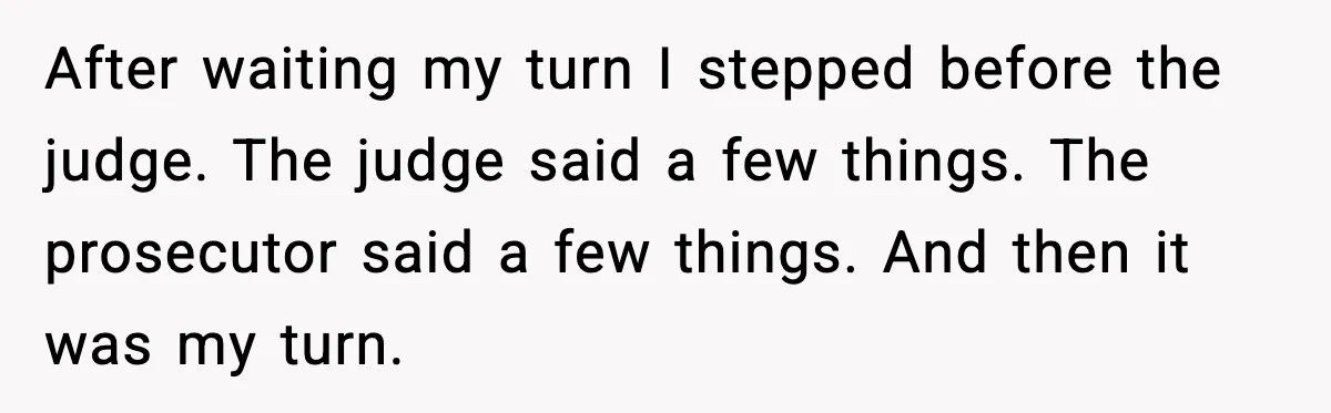 After waiting my turn I stepped before the judge. The judge said a few things. The prosecutor said a few things. And then it was my turn.