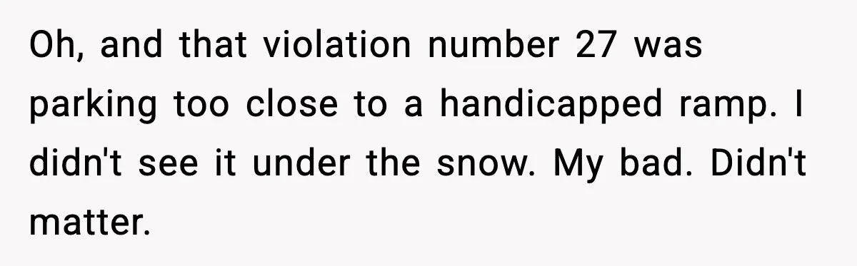 Oh, and that violation number 27 was parking too close to a handicapped ramp. I didn't see it under the snow. My bad. Didn't matter.