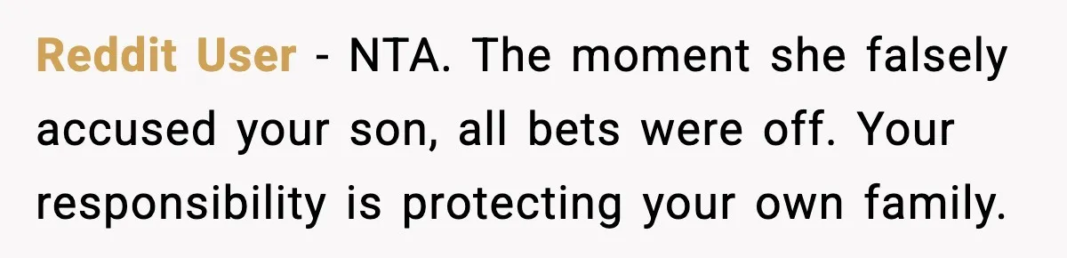 Reddit User - NTA. The moment she falsely accused your son, all bets were off. Your responsibility is protecting your own family.