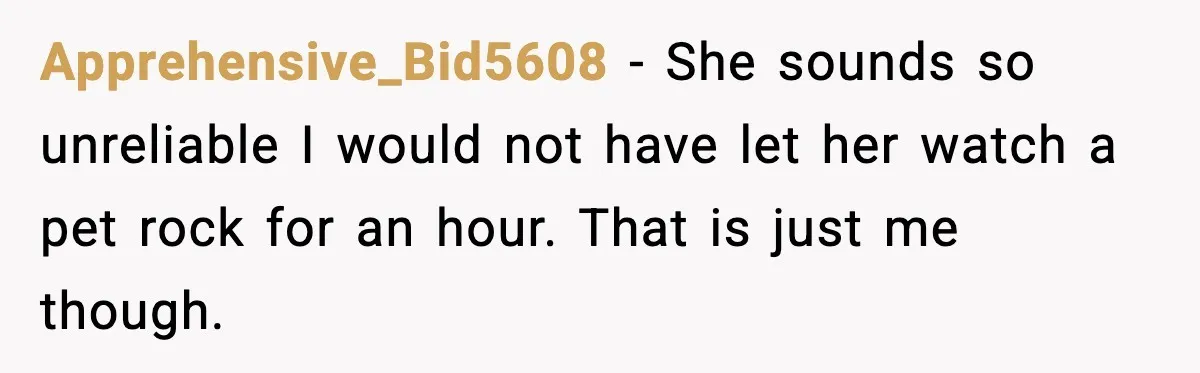 Apprehensive_Bid5608 - She sounds so unreliable I would not have let her watch a pet rock for an hour. That is just me though.