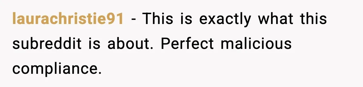 laurachristie91 - This is exactly what this subreddit is about. Perfect malicious compliance.