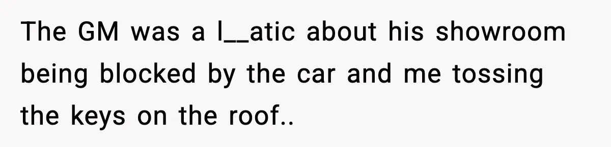 The GM was a l__atic about his showroom being blocked by the car and me tossing the keys on the roof.. ​