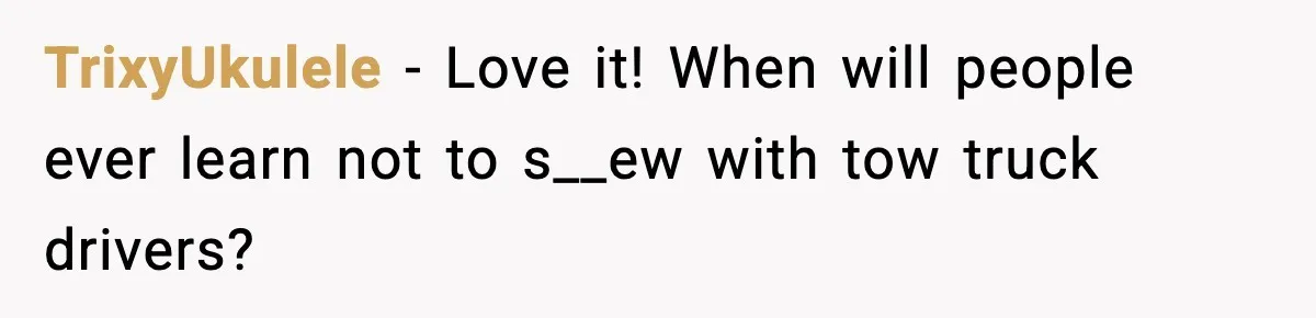 TrixyUkulele - Love it! When will people ever learn not to s__ew with tow truck drivers?