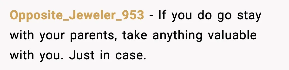 Opposite_Jeweler_953 - If you do go stay with your parents, take anything valuable with you. Just in case.