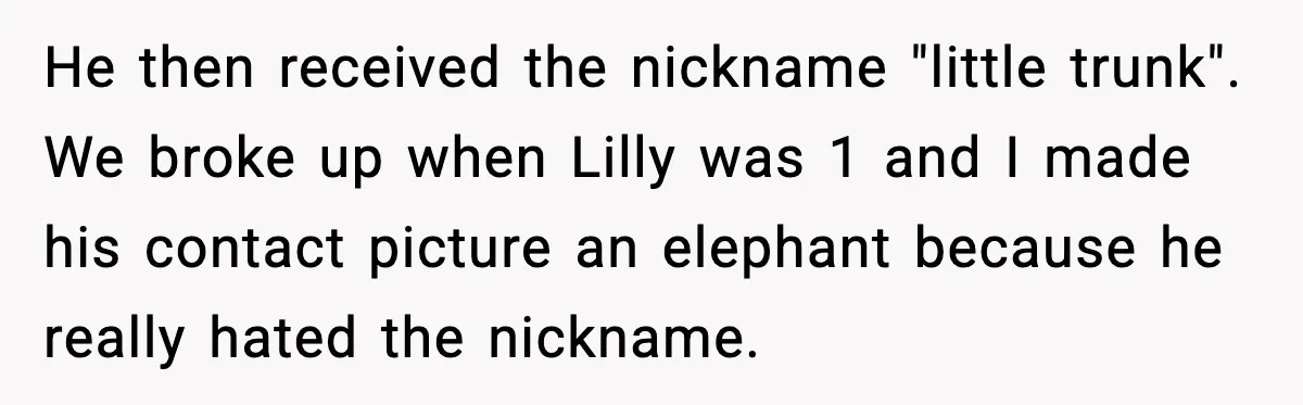 He then received the nickname "little trunk". We broke up when Lilly was 1 and I made his contact picture an elephant because he really hated the nickname.