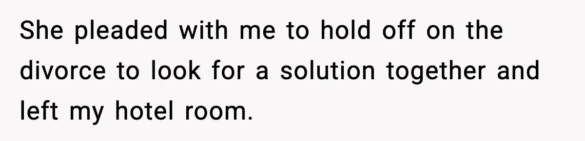 She pleaded with me to hold off on the divorce to look for a solution together and left my hotel room.