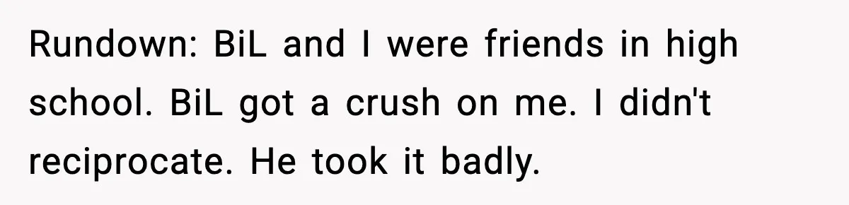 Rundown: BiL and I were friends in high school. BiL got a crush on me. I didn't reciprocate. He took it badly.
