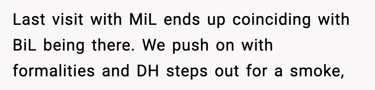 Last visit with MiL ends up coinciding with BiL being there. We push on with formalities and DH steps out for a smoke,
