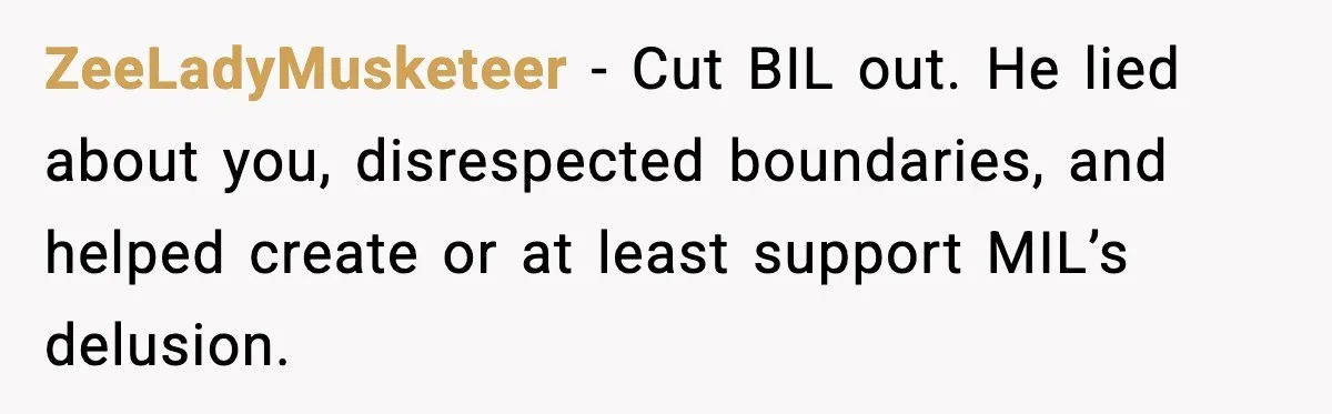 ZeeLadyMusketeer - Cut BIL out. He lied about you, disrespected boundaries, and helped create or at least support MIL’s delusion.