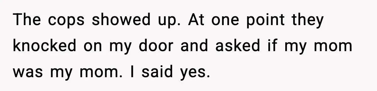 The cops showed up. At one point they knocked on my door and asked if my mom was my mom. I said yes.