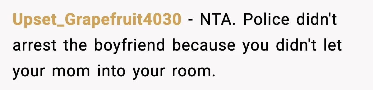 Upset_Grapefruit4030 - NTA. Police didn't arrest the boyfriend because you didn't let your mom into your room.