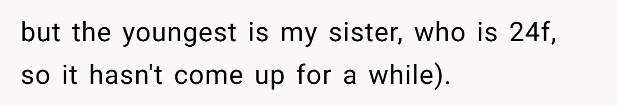 but the youngest is my sister, who is 24f, so it hasn't come up for a while).