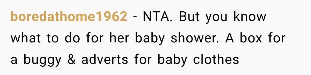 boredathome1962 − NTA. But you know what to do for her baby shower. A box for a buggy & adverts for baby clothes