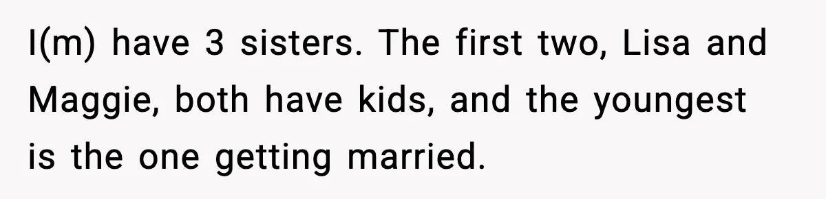 I(m) have 3 sisters. The first two, Lisa and Maggie, both have kids, and the youngest is the one getting married.