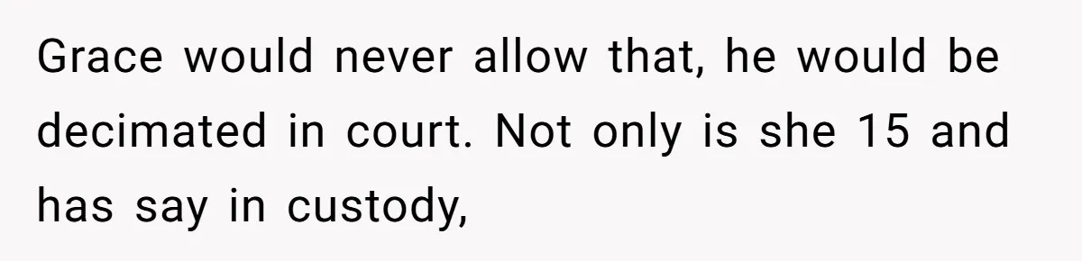 Father Abandons Daughter At 11, Then Demands Updates When He Learns She’s Seriously Ill From Facebook Grace would never allow that, he would be decimated in court. Not only is she 15 and has say in custody,