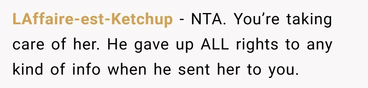 Father Abandons Daughter At 11, Then Demands Updates When He Learns She’s Seriously Ill From Facebook LAffaire-est-Ketchup − NTA. You’re taking care of her. He gave up ALL rights to any kind of info when he sent her to you.