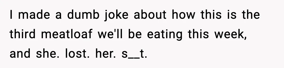 I made a dumb joke about how this is the third meatloaf we'll be eating this week, and she. lost. her. s__t.