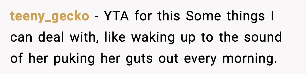 teeny_gecko − YTA for this Some things I can deal with, like waking up to the sound of her puking her guts out every morning.
