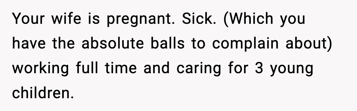 Your wife is pregnant. Sick. (Which you have the absolute balls to complain about) working full time and caring for 3 young children.