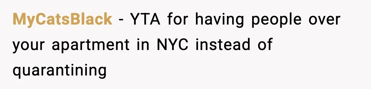 MyCatsBlack − YTA for having people over your apartment in NYC instead of quarantining
