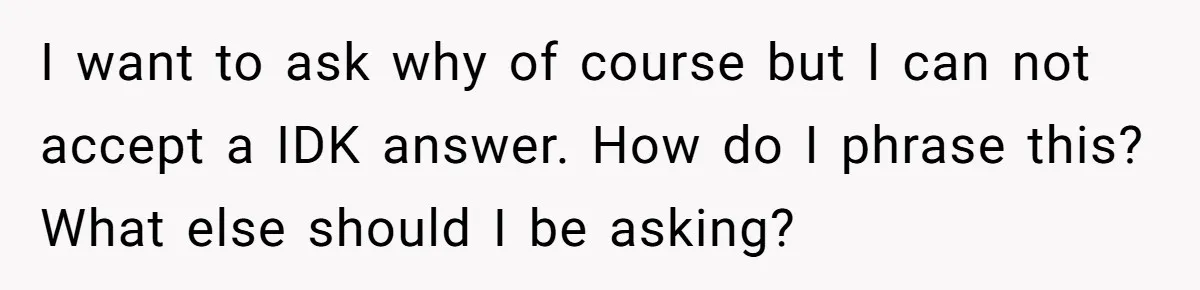 Husband Catches Wife Getting Cozy With Coworker On Their Anniversary, Still Says He Wants To Fix The Marriage I want to ask why of course but I can not accept a IDK answer. How do I phrase this? What else should I be asking?