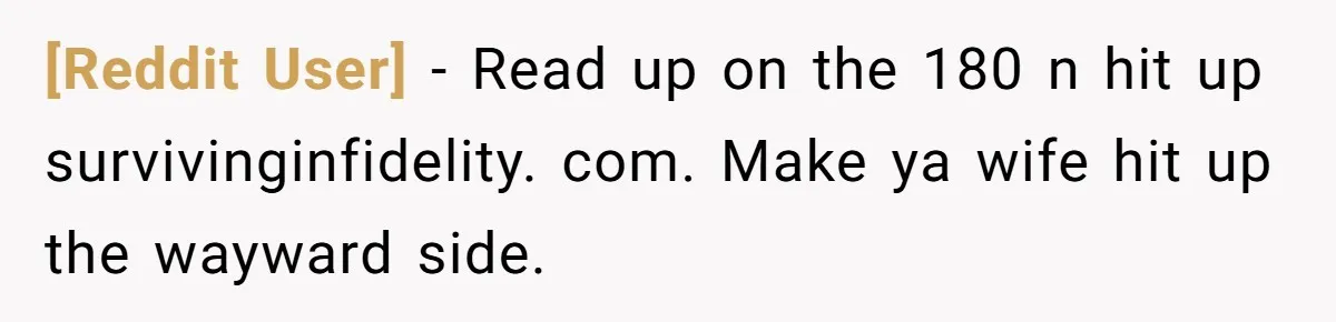[Reddit User] − Read up on the 180 n hit up survivinginfidelity. com. Make ya wife hit up the wayward side.