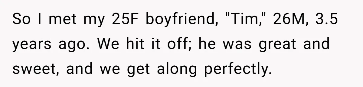 So I met my 25F boyfriend, "Tim," 26M, 3.5 years ago. We hit it off; he was great and sweet, and we get along perfectly.