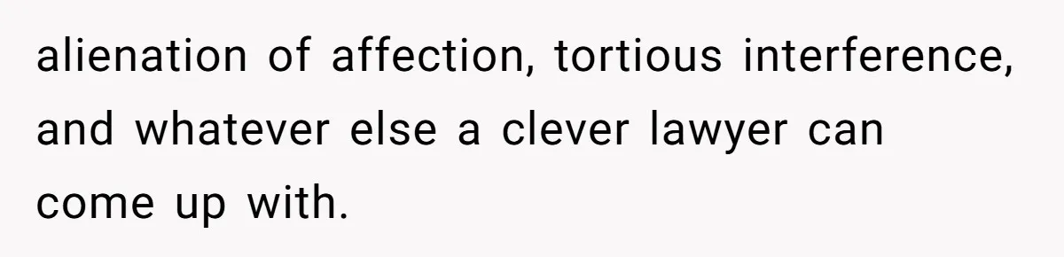 alienation of affection, tortious interference, and whatever else a clever lawyer can come up with.