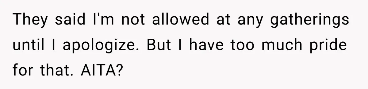 They said I'm not allowed at any gatherings until I apologize. But I have too much pride for that. AITA?