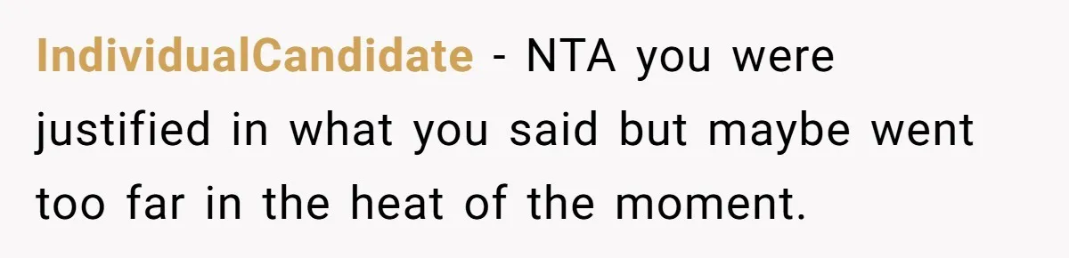 IndividualCandidate − NTA you were justified in what you said but maybe went too far in the heat of the moment.