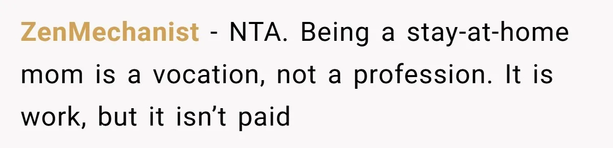 ZenMechanist − NTA. Being a stay-at-home mom is a vocation, not a profession. It is work, but it isn’t paid