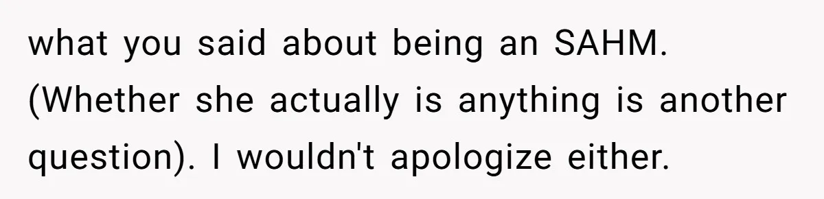 what you said about being an SAHM. (Whether she actually is anything is another question). I wouldn't apologize either.