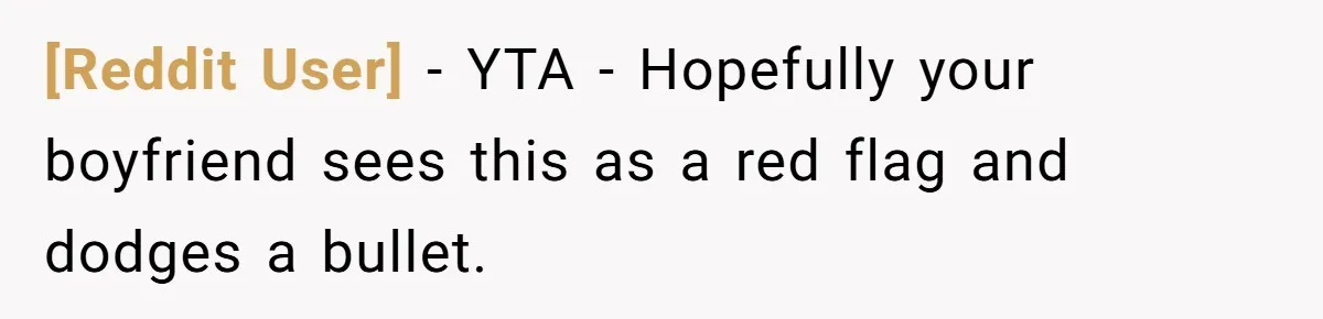[Reddit User] − YTA - Hopefully your boyfriend sees this as a red flag and dodges a bullet.