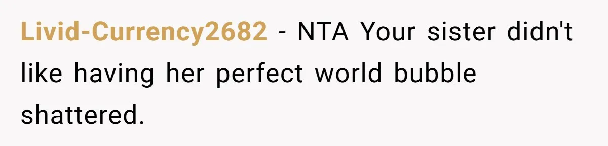 Livid-Currency2682 − NTA Your sister didn't like having her perfect world bubble shattered.