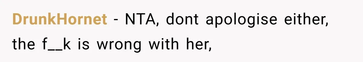 DrunkHornet − NTA, dont apologise either, the f__k is wrong with her,