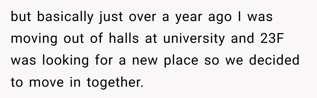 but basically just over a year ago I was moving out of halls at university and 23F was looking for a new place so we decided to move in together.