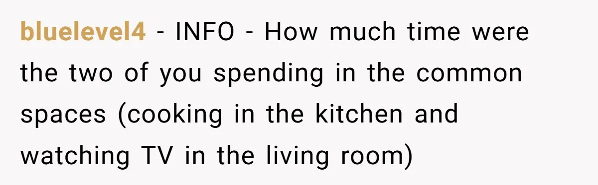bluelevel4 − INFO - How much time were the two of you spending in the common spaces (cooking in the kitchen and watching TV in the living room)
