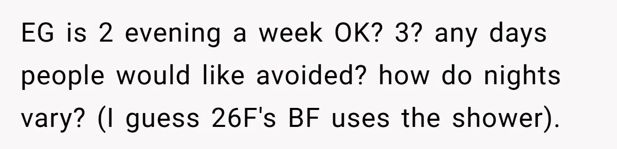 EG is 2 evening a week OK? 3? any days people would like avoided? how do nights vary? (I guess 26F's BF uses the shower).