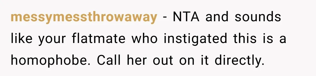 messymessthrowaway − NTA and sounds like your flatmate who instigated this is a homophobe. Call her out on it directly.