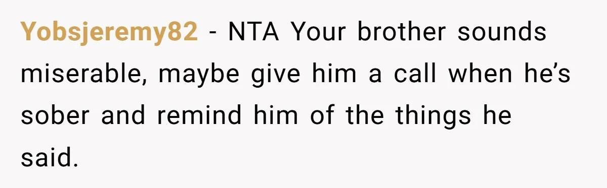 Yobsjeremy82 − NTA Your brother sounds miserable, maybe give him a call when he’s sober and remind him of the things he said.