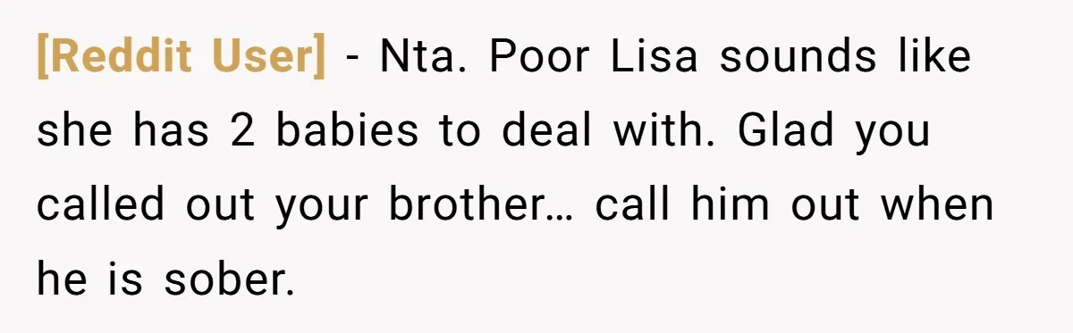 [Reddit User] − Nta. Poor Lisa sounds like she has 2 babies to deal with. Glad you called out your brother… call him out when he is sober.