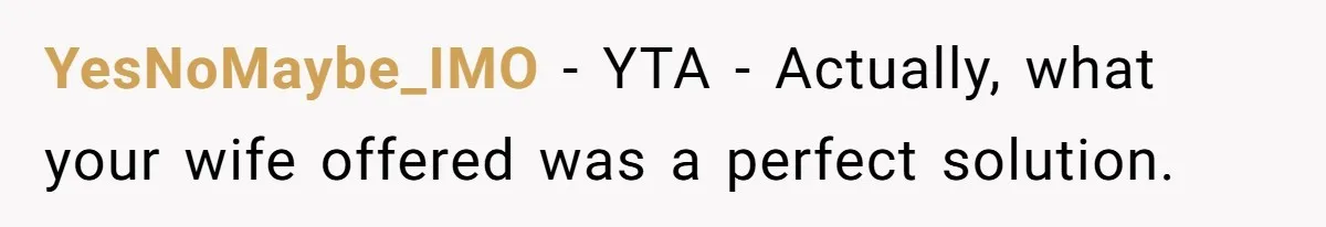 YesNoMaybe_IMO − YTA - Actually, what your wife offered was a perfect solution.