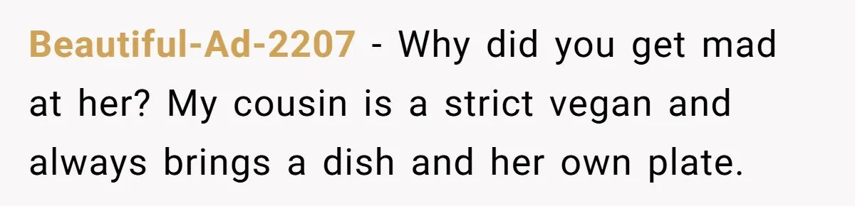 Beautiful-Ad-2207 − Why did you get mad at her? My cousin is a strict vegan and always brings a dish and her own plate.